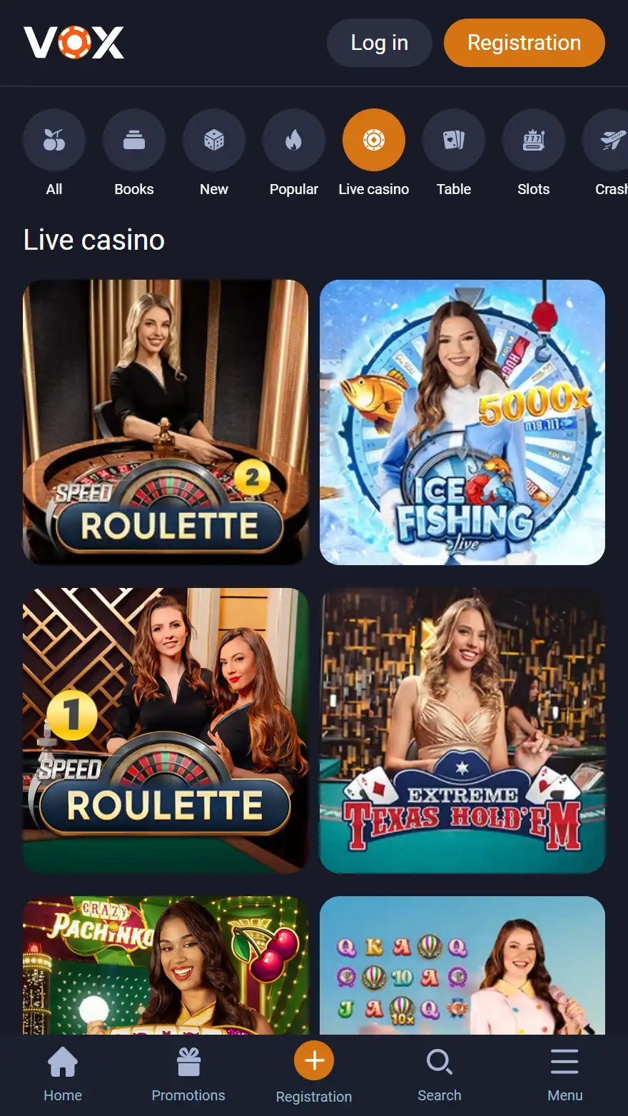 VOX Casino gyvo kazino puslapis