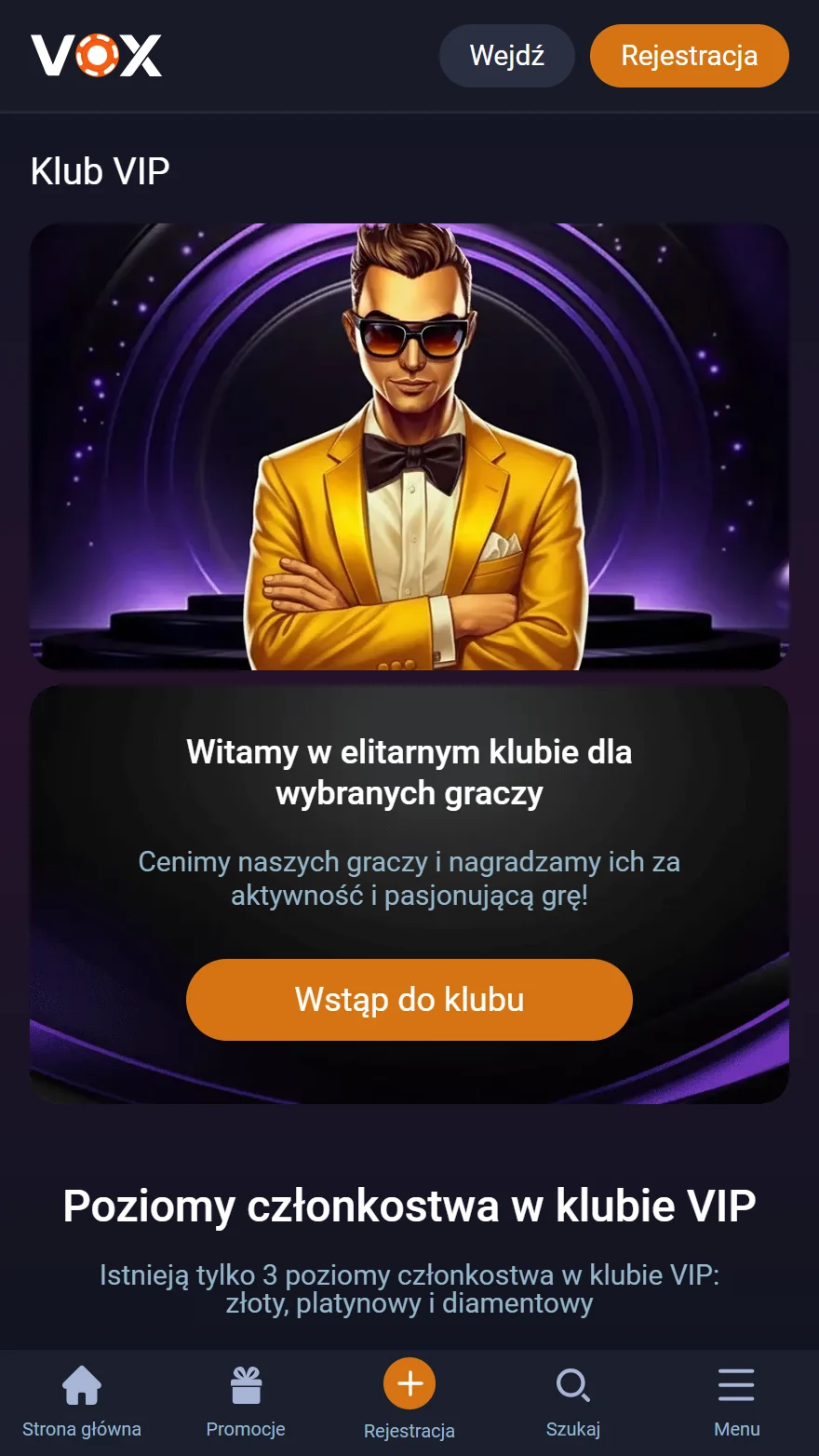 Strona klubu VIP w VOX Casino
