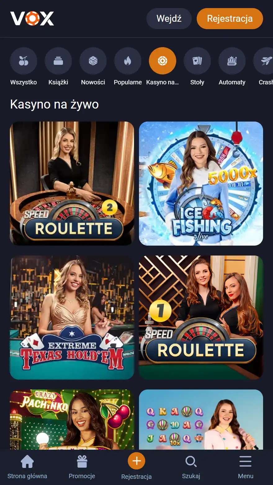 Strona kasyna na żywo w VOX Casino