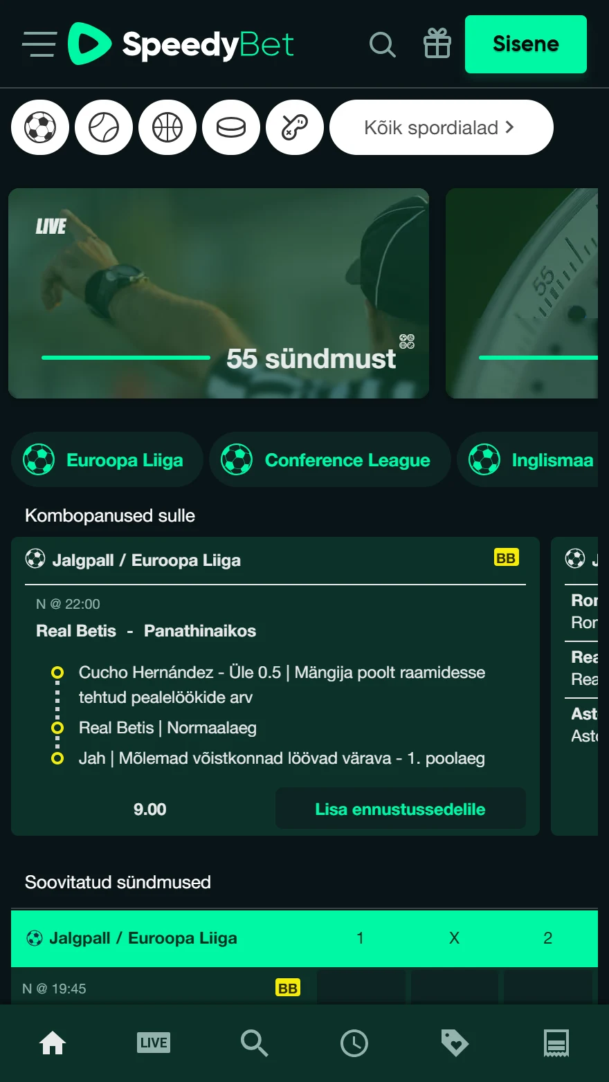 SpeedyBet spordiennustuste leht