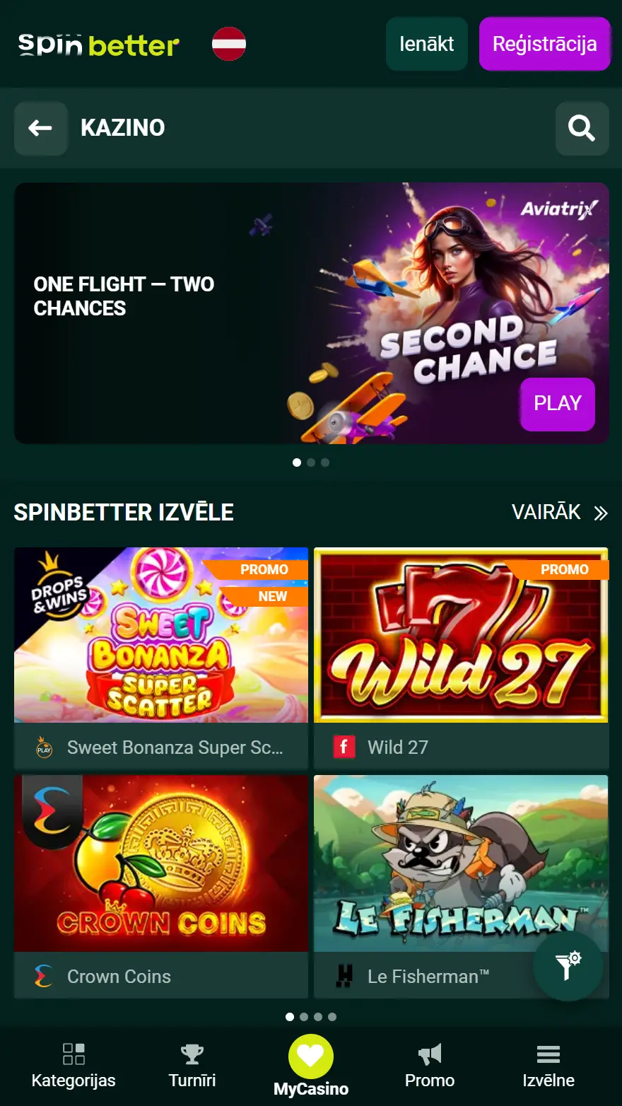 SpinBetter kazino spēļu lapa