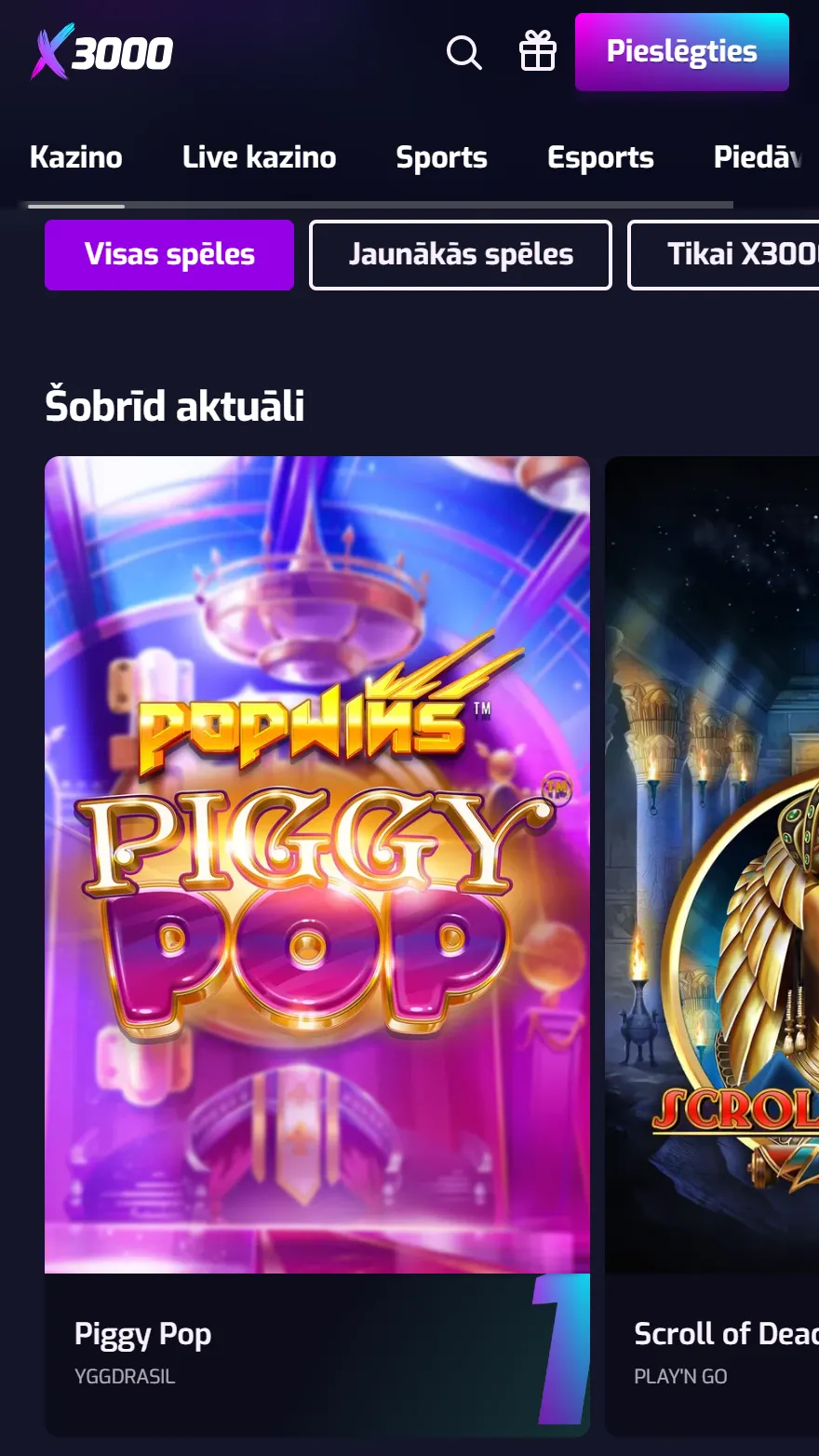 X3000 kazino spēļu lapa
