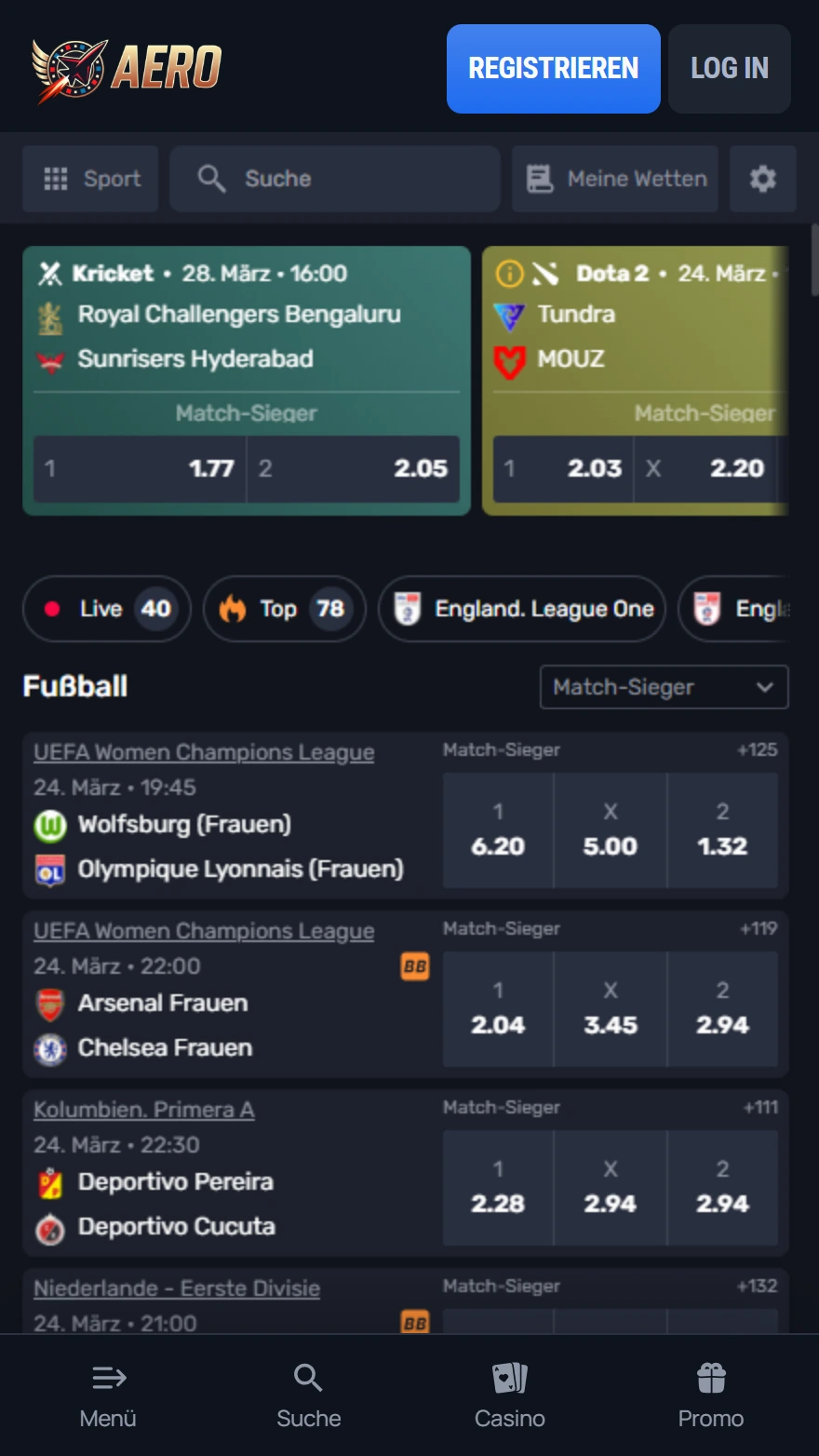 Aerobet Sportwettenseite