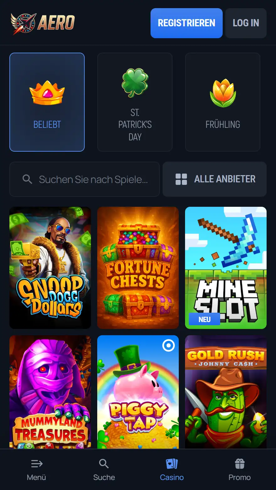 Aerobet Spiele-Seite