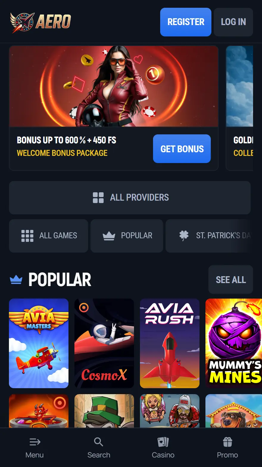 Aerobet Casino homepage