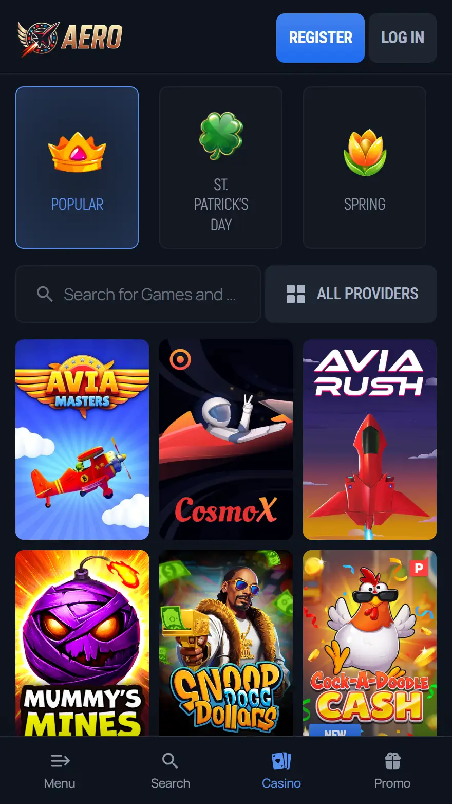 Aerobet Casino games page