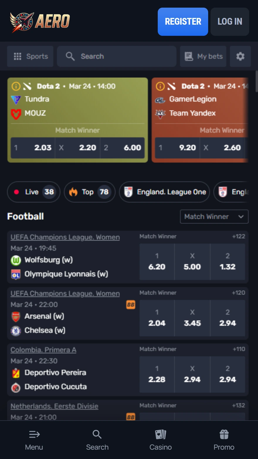 Aerobet sports betting page