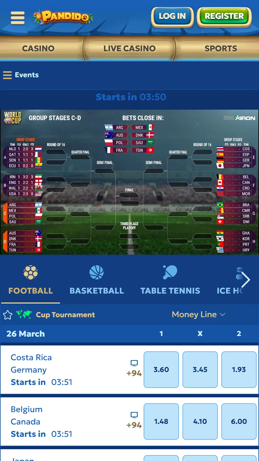 Pandido virtual sports page