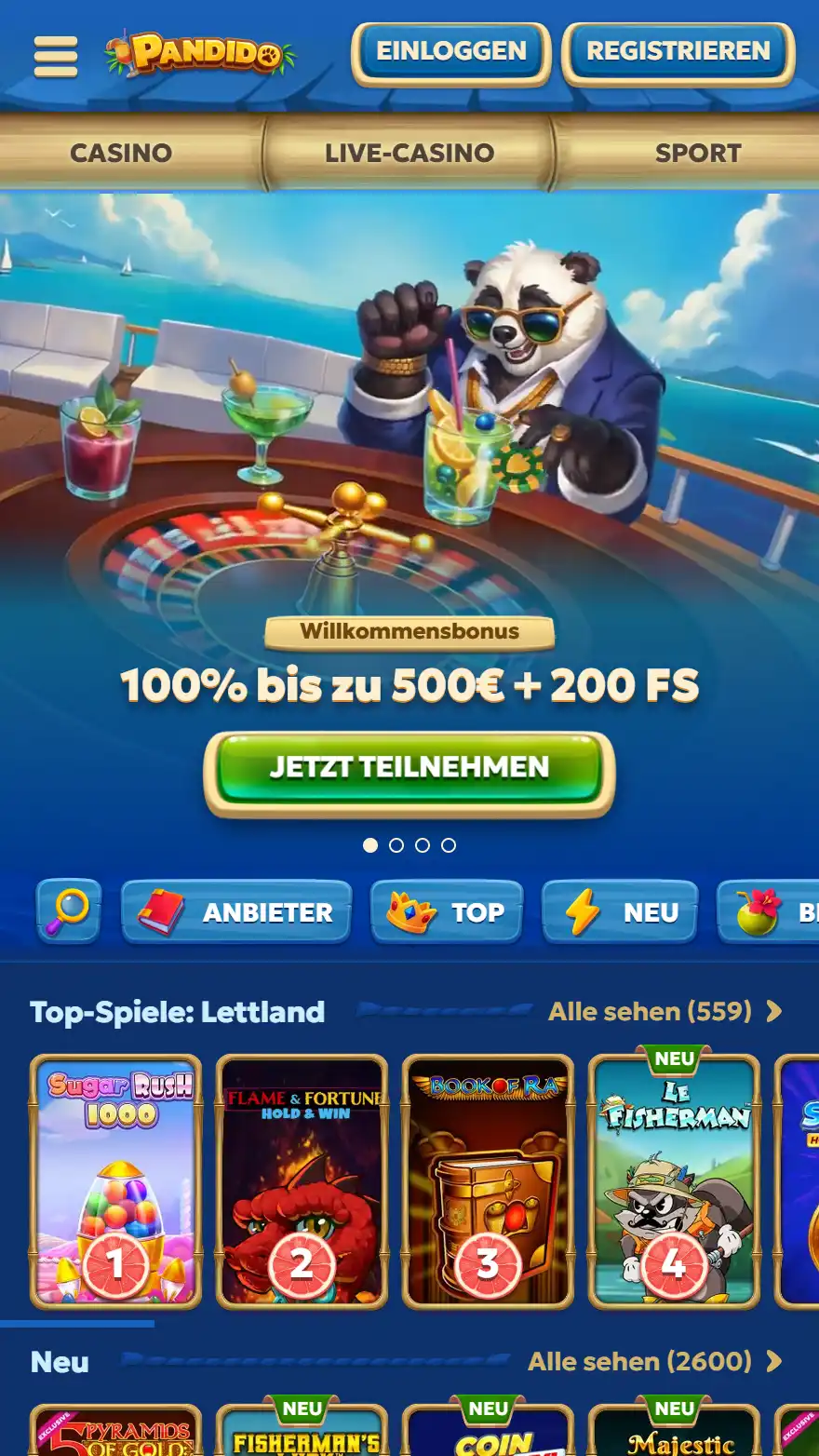 Pandido Casino-Startseite