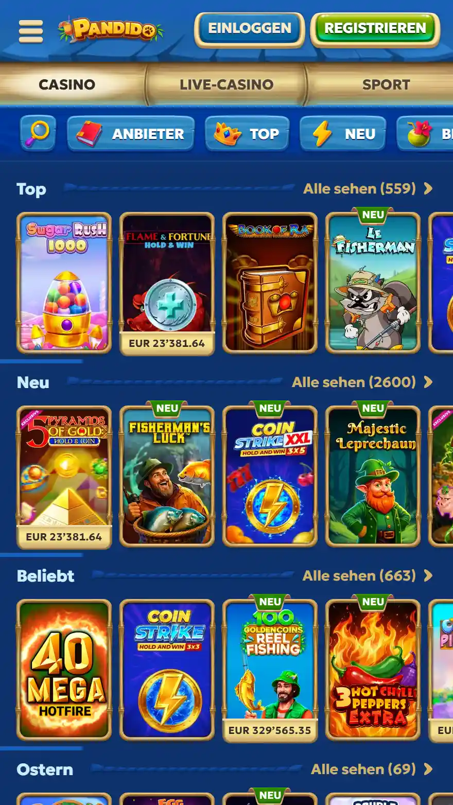 Pandido Casino-Spieleseite