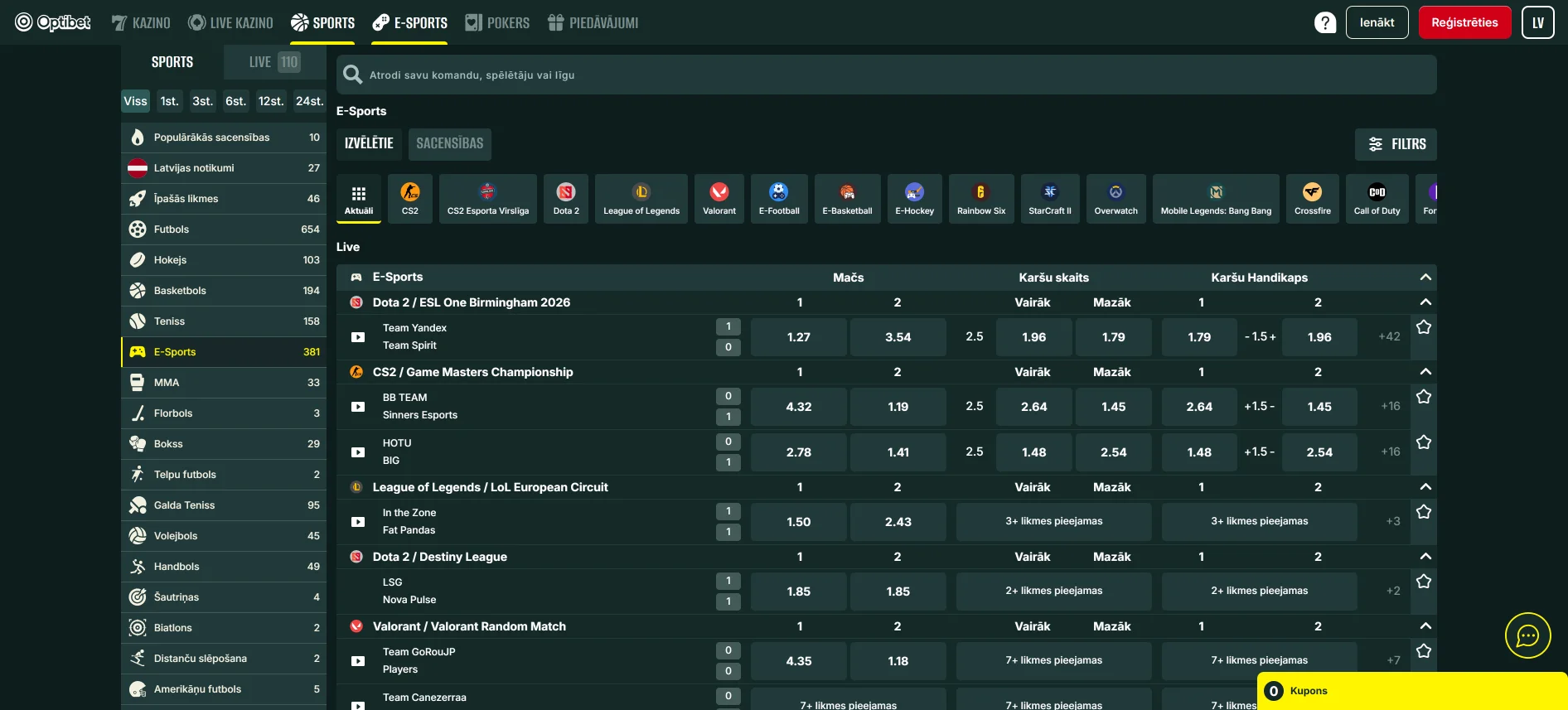 Optibet e-sporta likmes