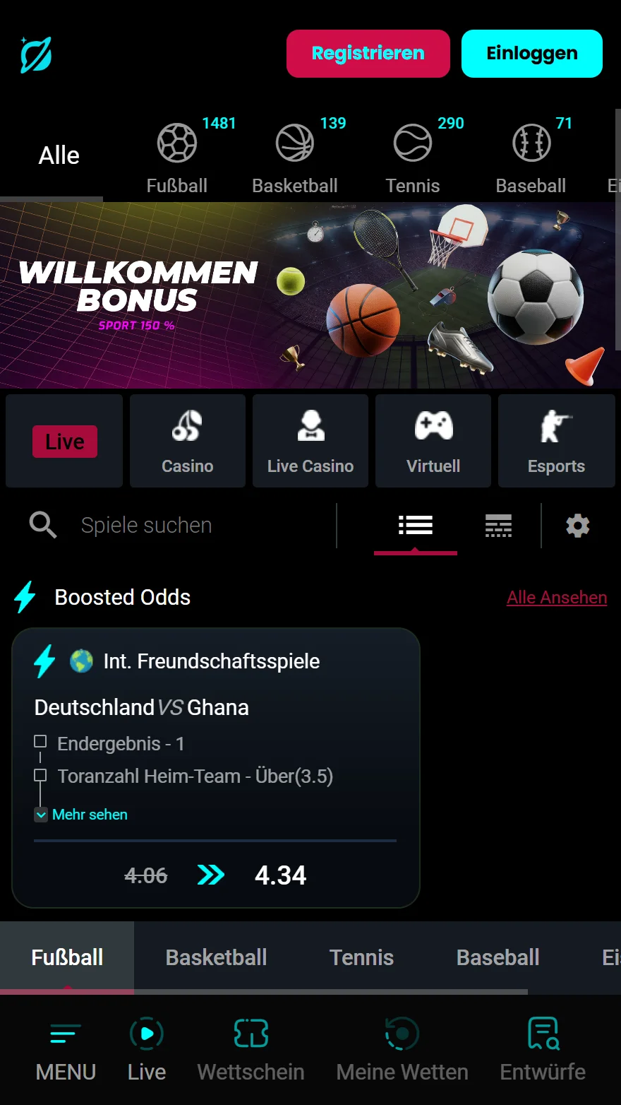 Cosmobet Sportwetten-Seite