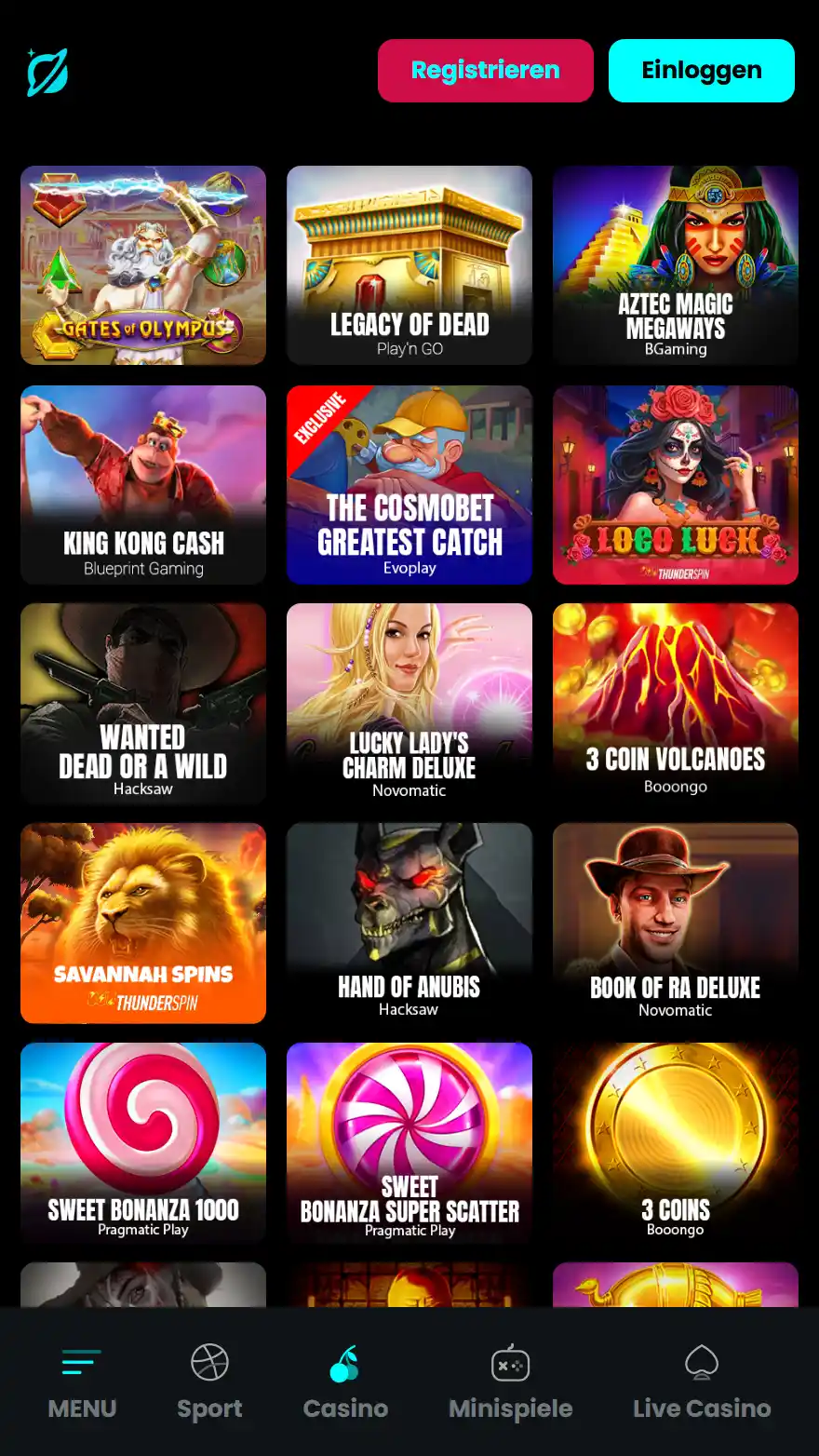 Cosmobet Casino Spieleseite