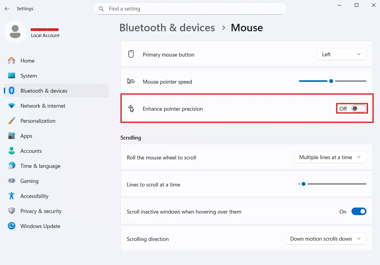 disable mouse enhance pointer precision