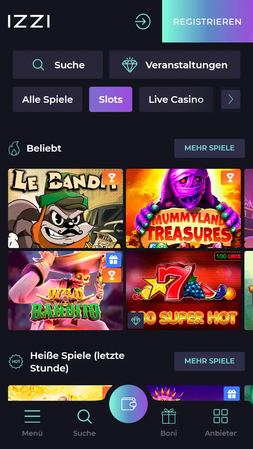 Izzi Casino Spieleseite