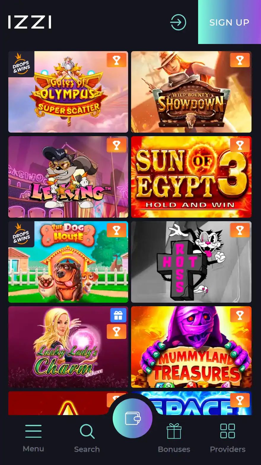 Izzi Casino spēļu lapa