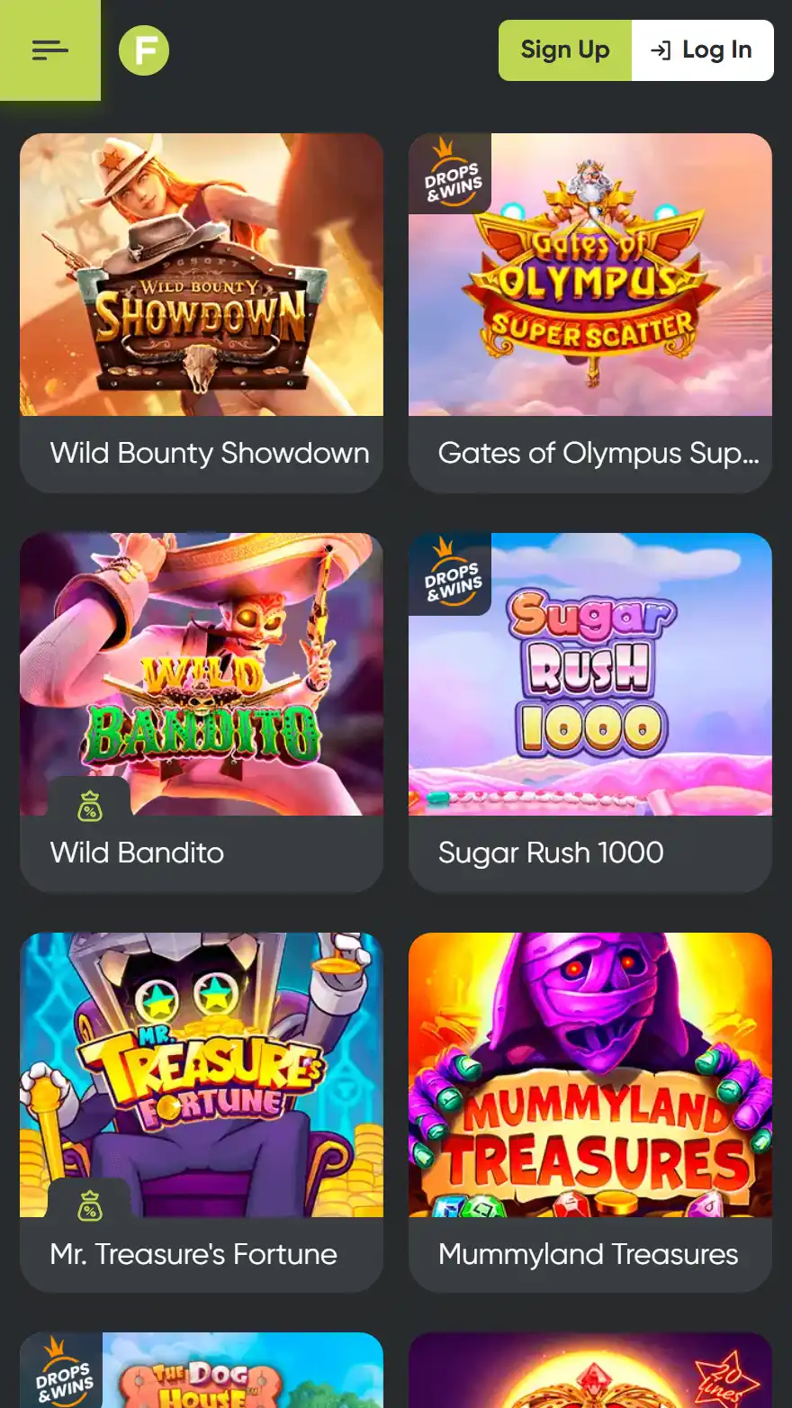 Fresh Casino spēļu lapa