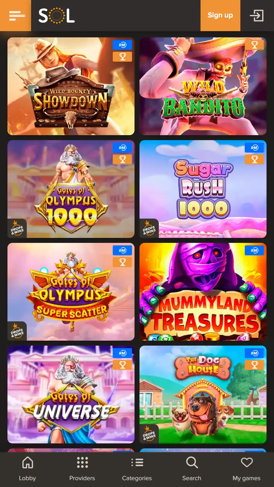 SOL Casino spēļu lapa