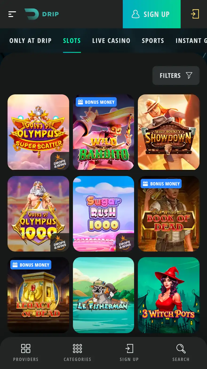 Drip Casino mängude leht