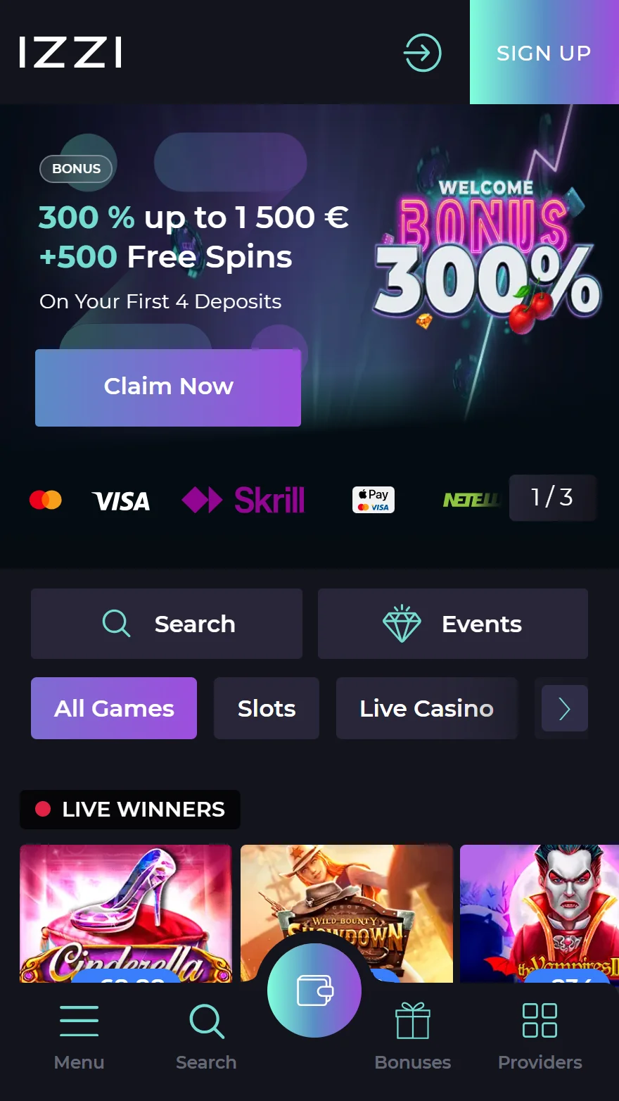 Izzi Casino honlapja