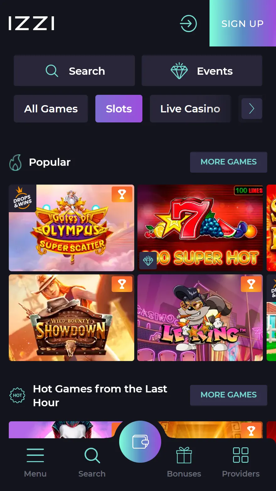 Izzi Casino játékok oldala