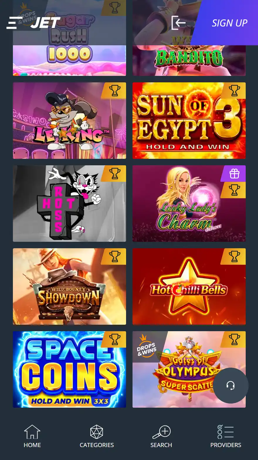 Jet Casino spēļu lapa