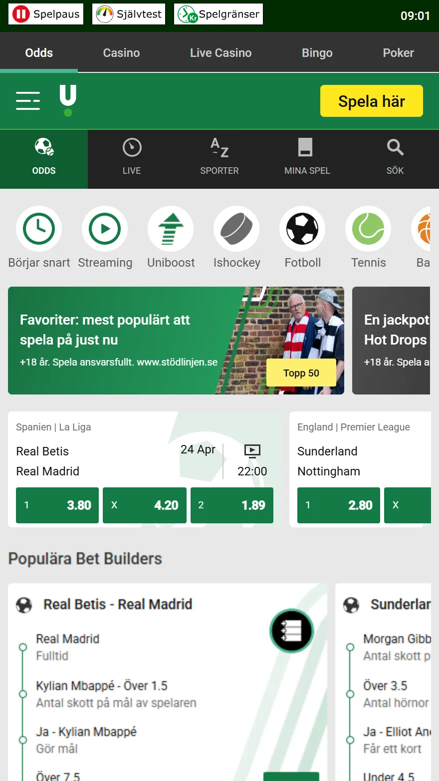 Unibet sportspel sida