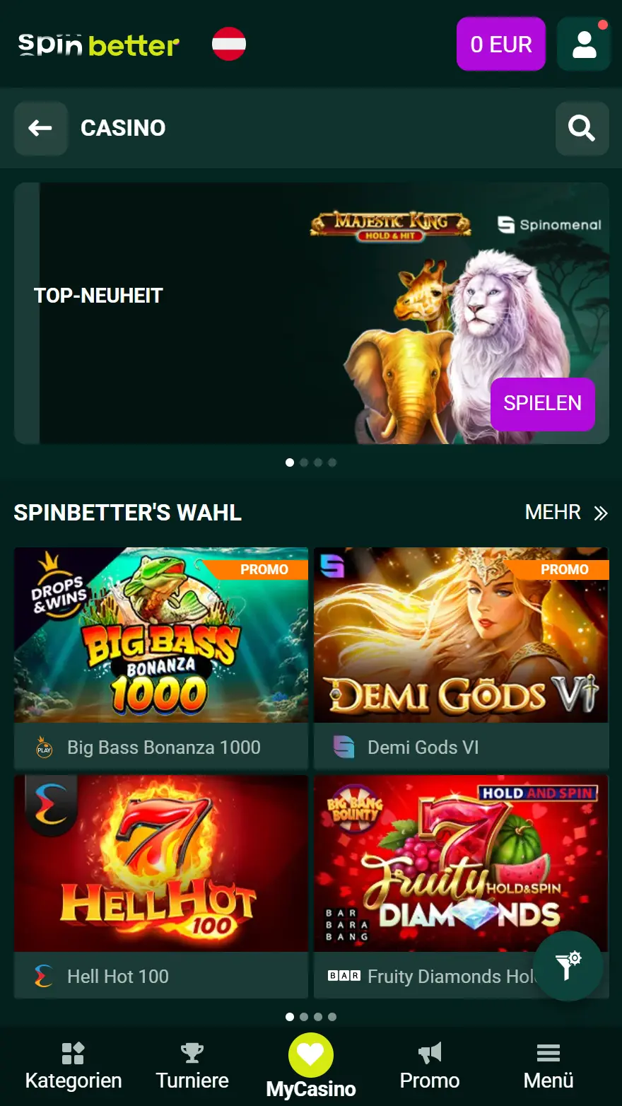 SpinBetter Casino Spieleseite