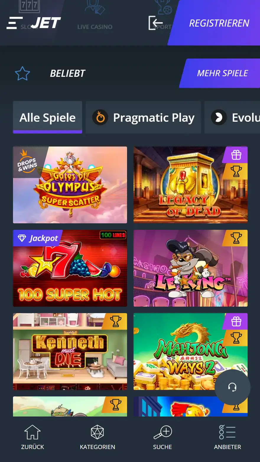 Jet Casino Spieleseite
