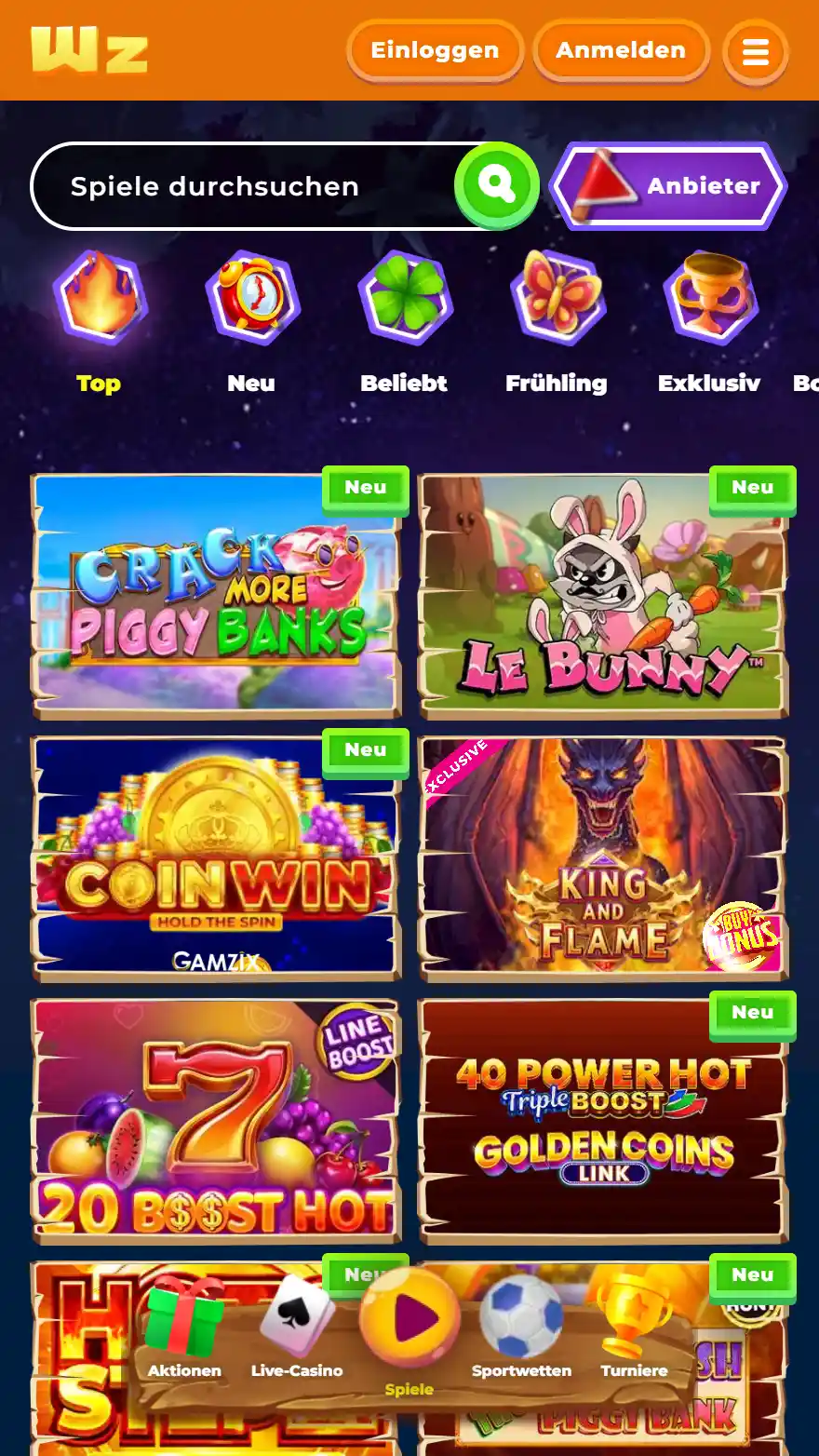 Wazamba Casino Spieleseite