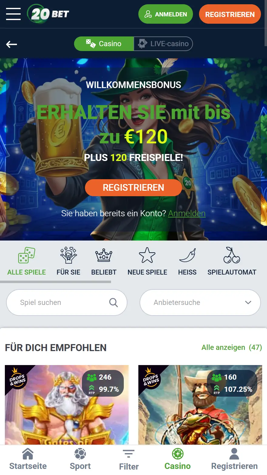 20Bet Casino Spieleseite