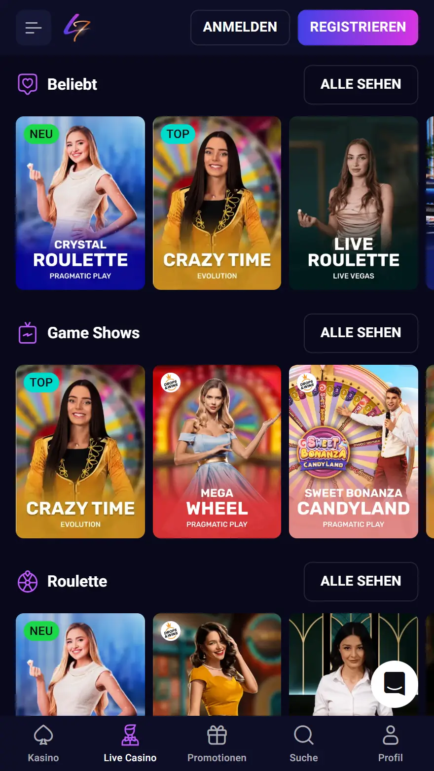 Lucky7even Live Casino Seite
