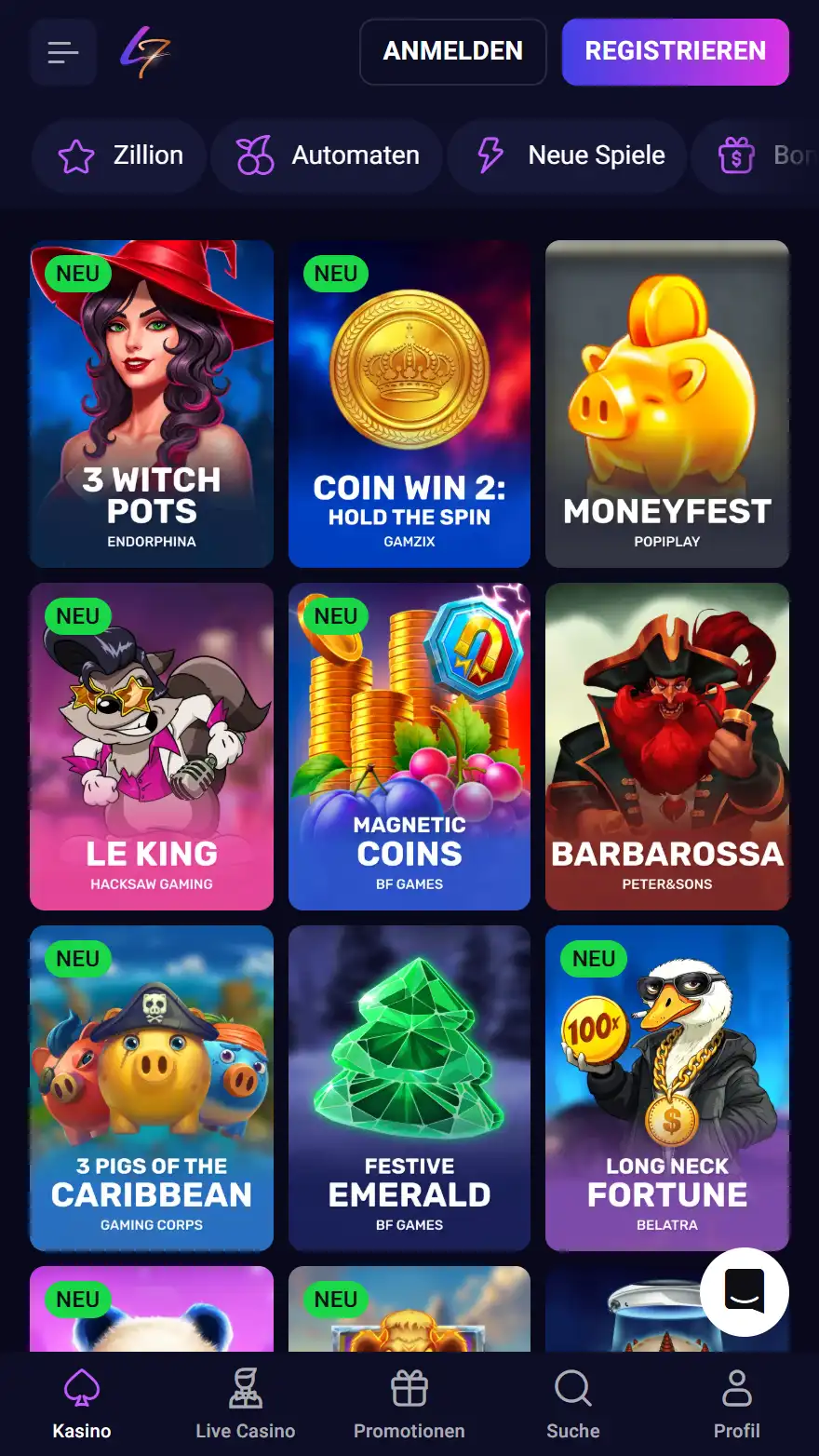 Lucky7even Casino Spieleseite