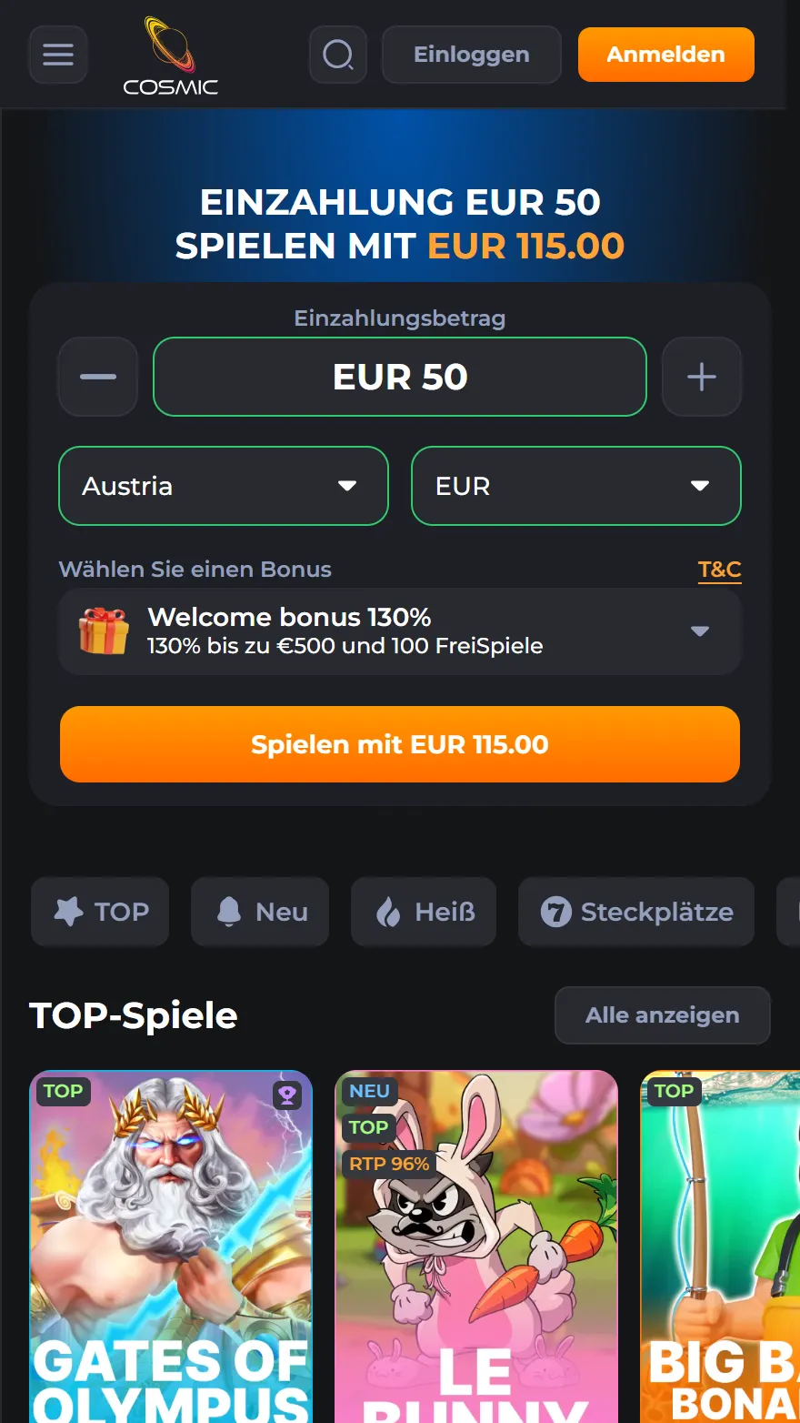 CosmicSlot Casino Startseite