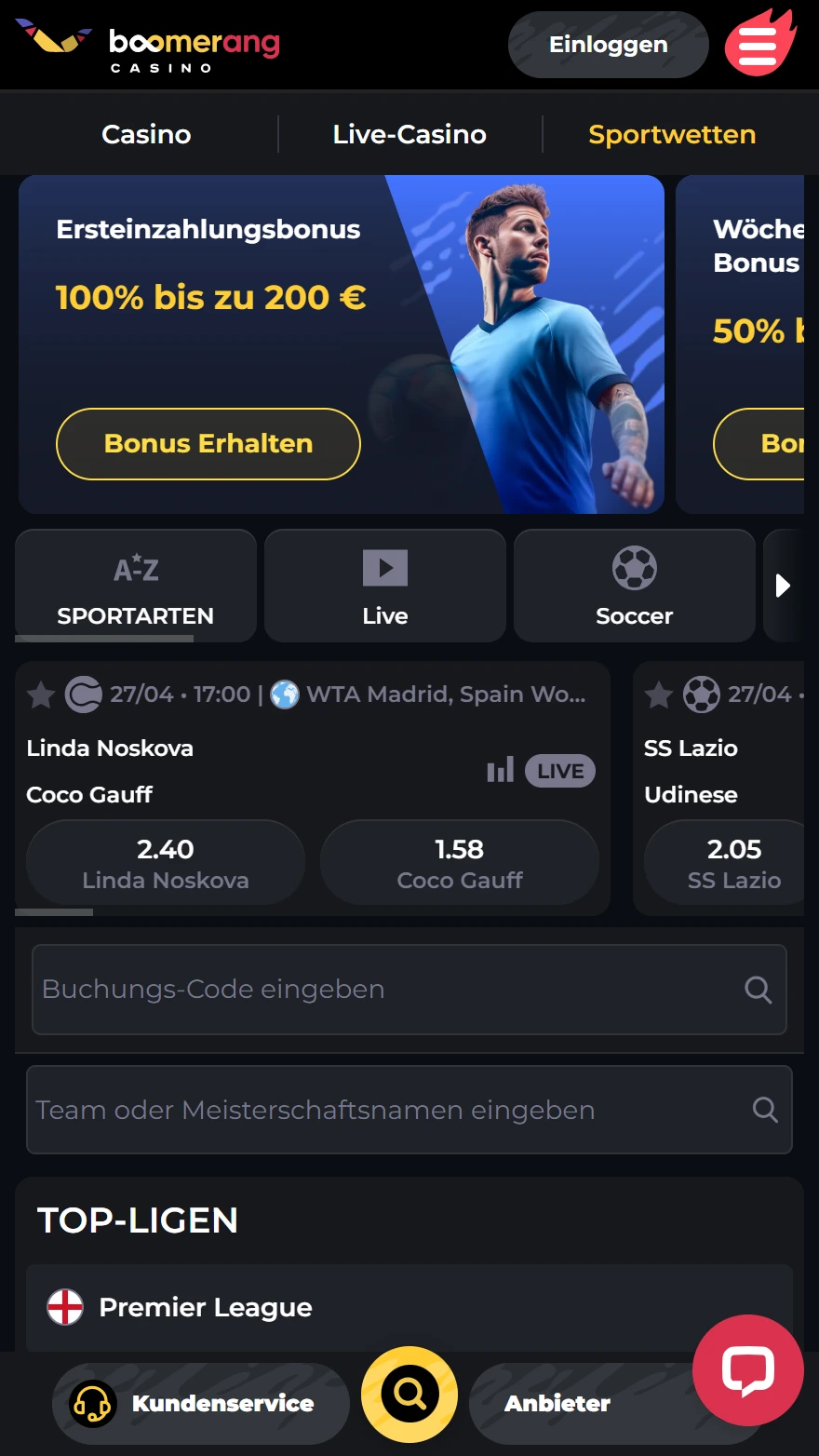 Boomerang Sportwettenseite