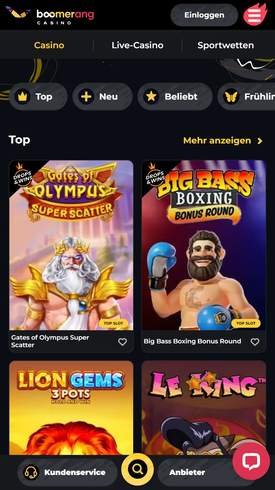 Boomerang Casino Spieleseite