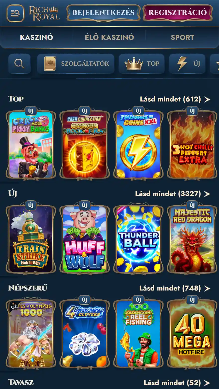 RichRoyal Casino játékok oldala