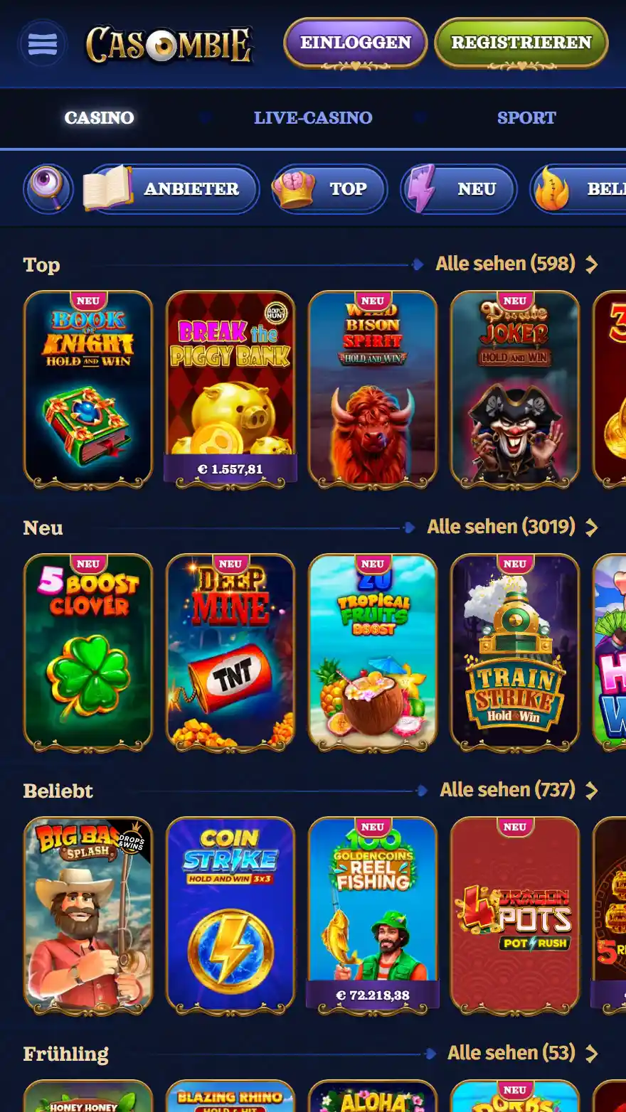 Casombie Casino Spieleseite
