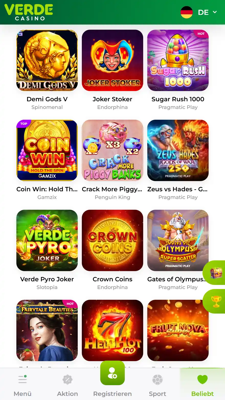 Verde Casino Spieleseite