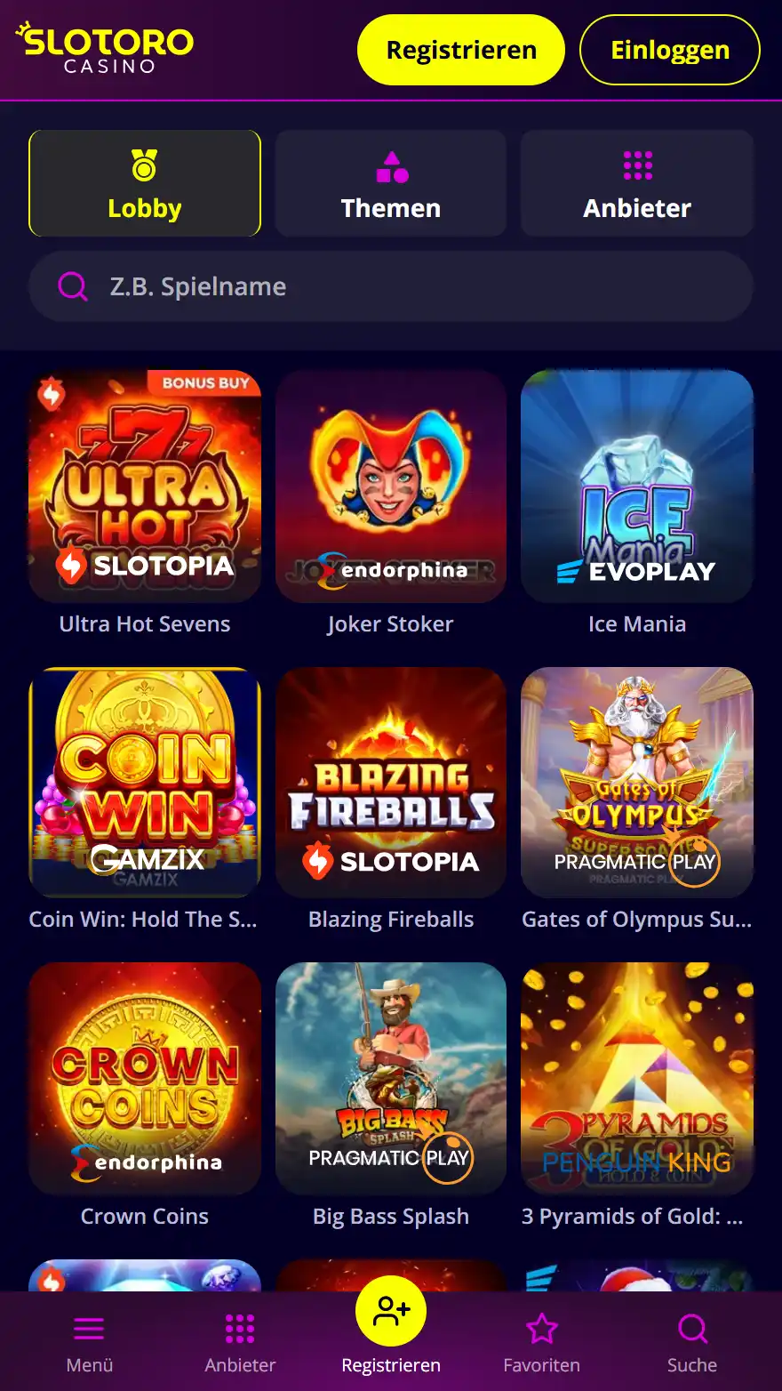 Slotoro Casino Spieleseite