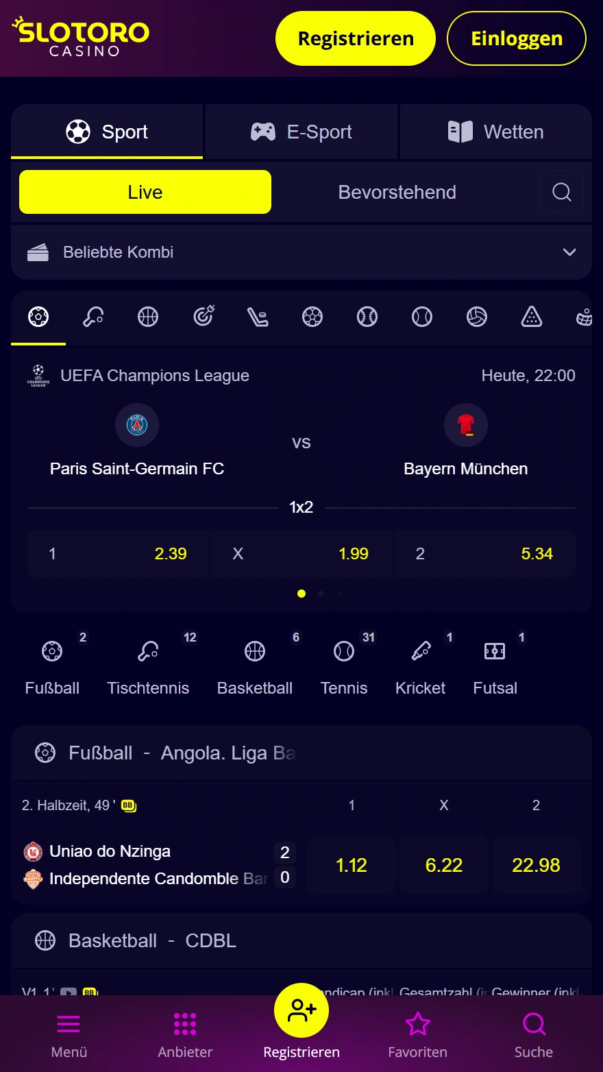 Slotoro Casino Sportwettenseite