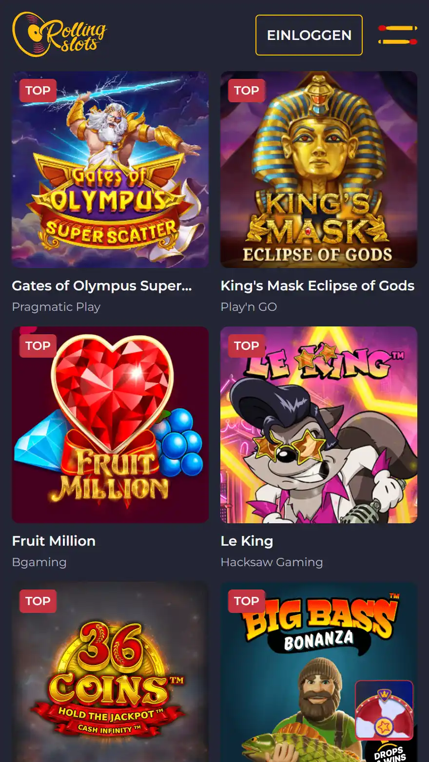 Rolling Slots Casino Spieleseite