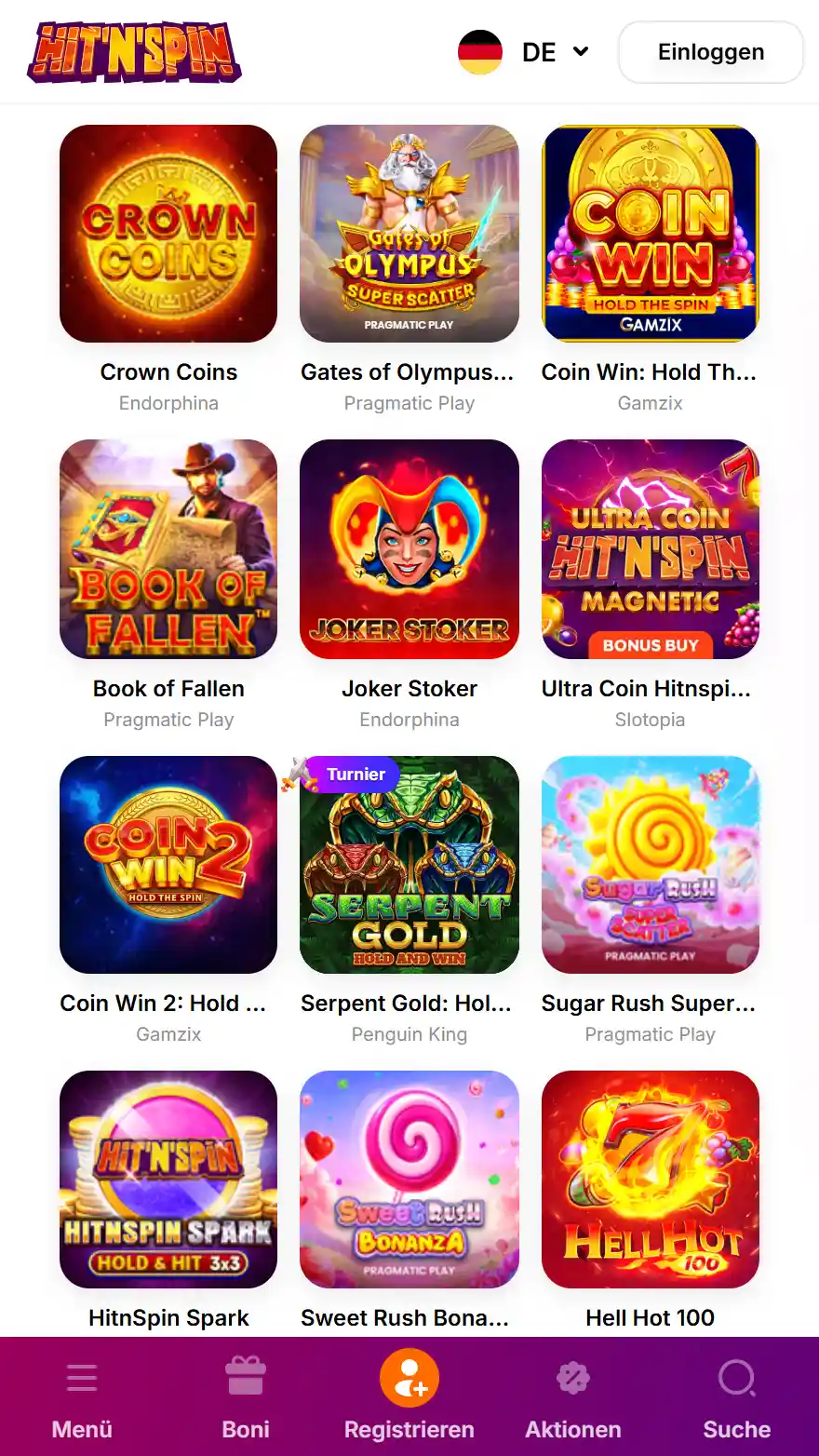 Hit N Spin Casino Spieleseite