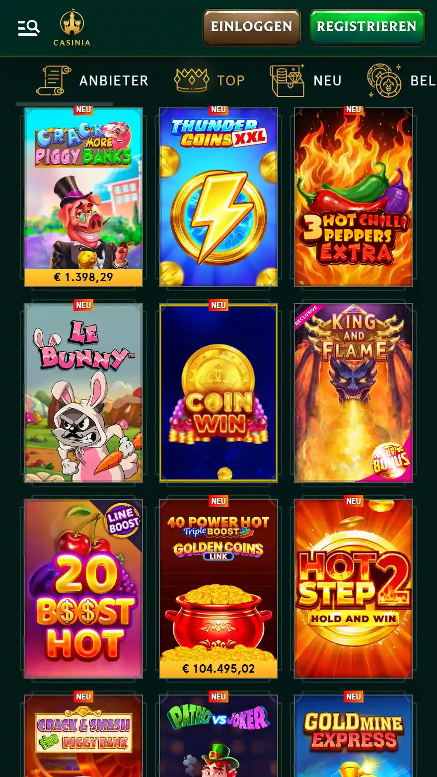 Casinia Casino Spieleseite