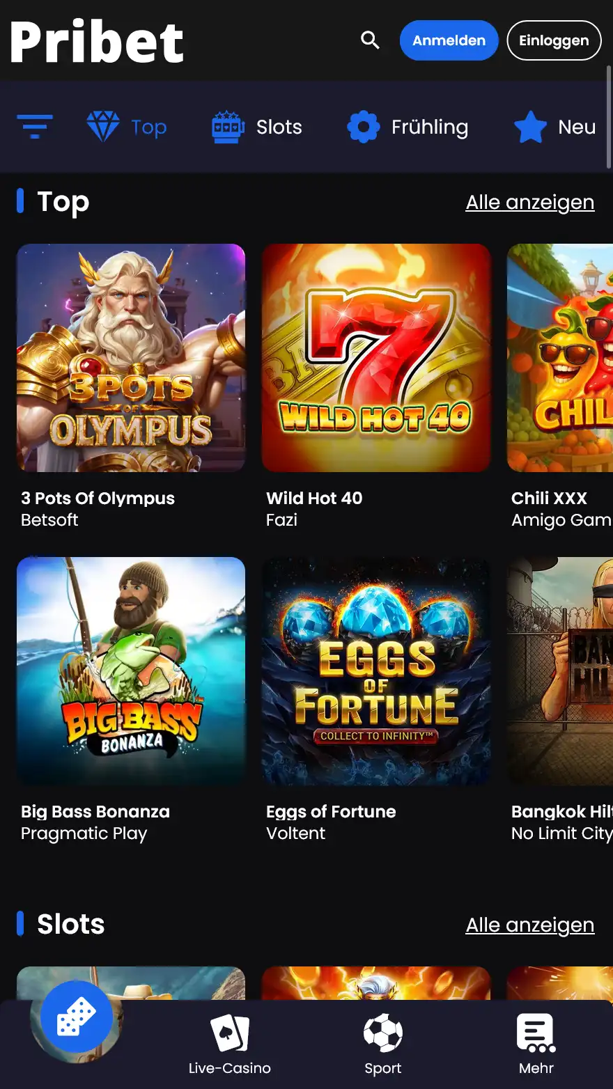 Pribet Casino Spieleseite