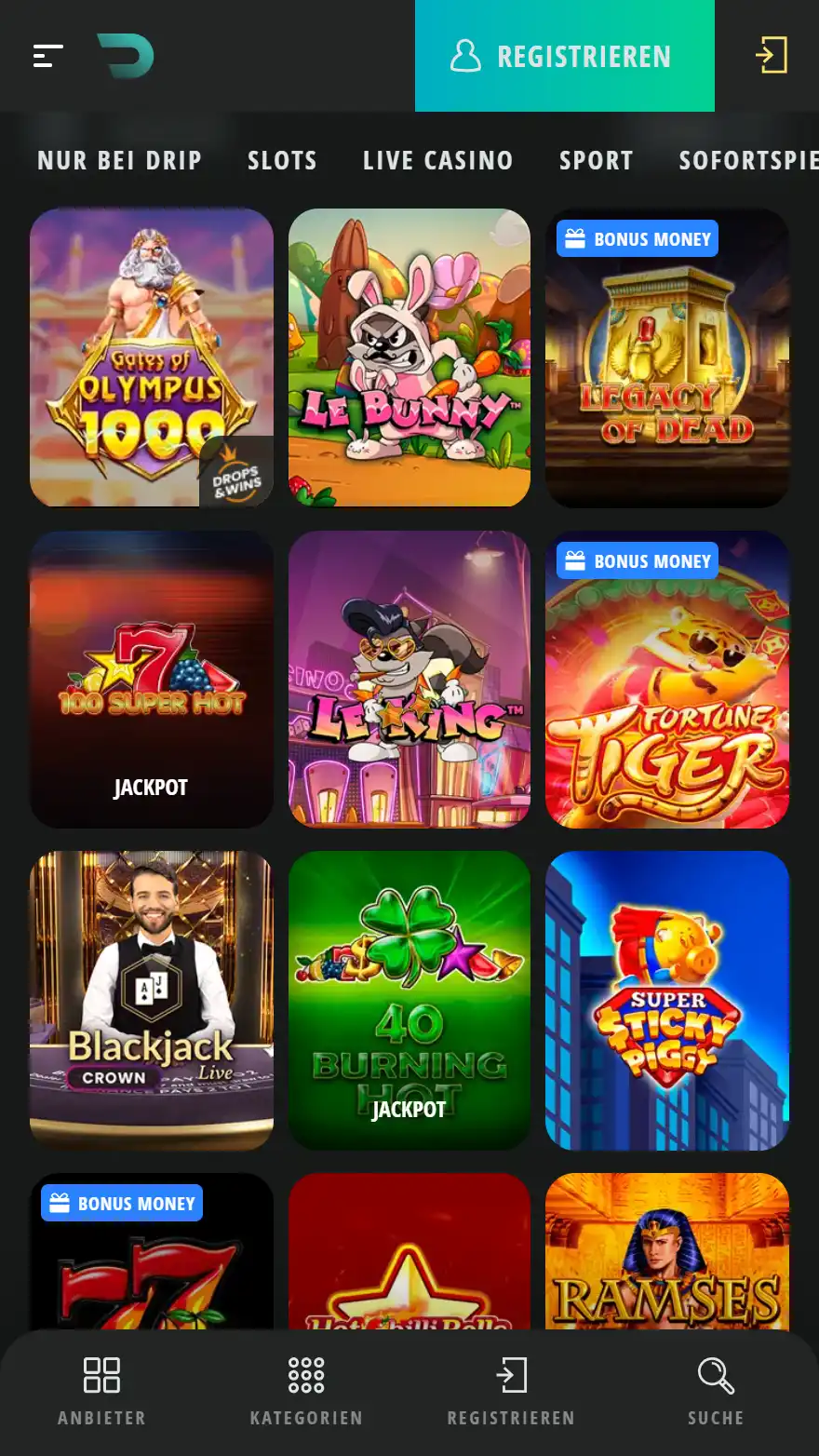 Drip Casino Spieleseite