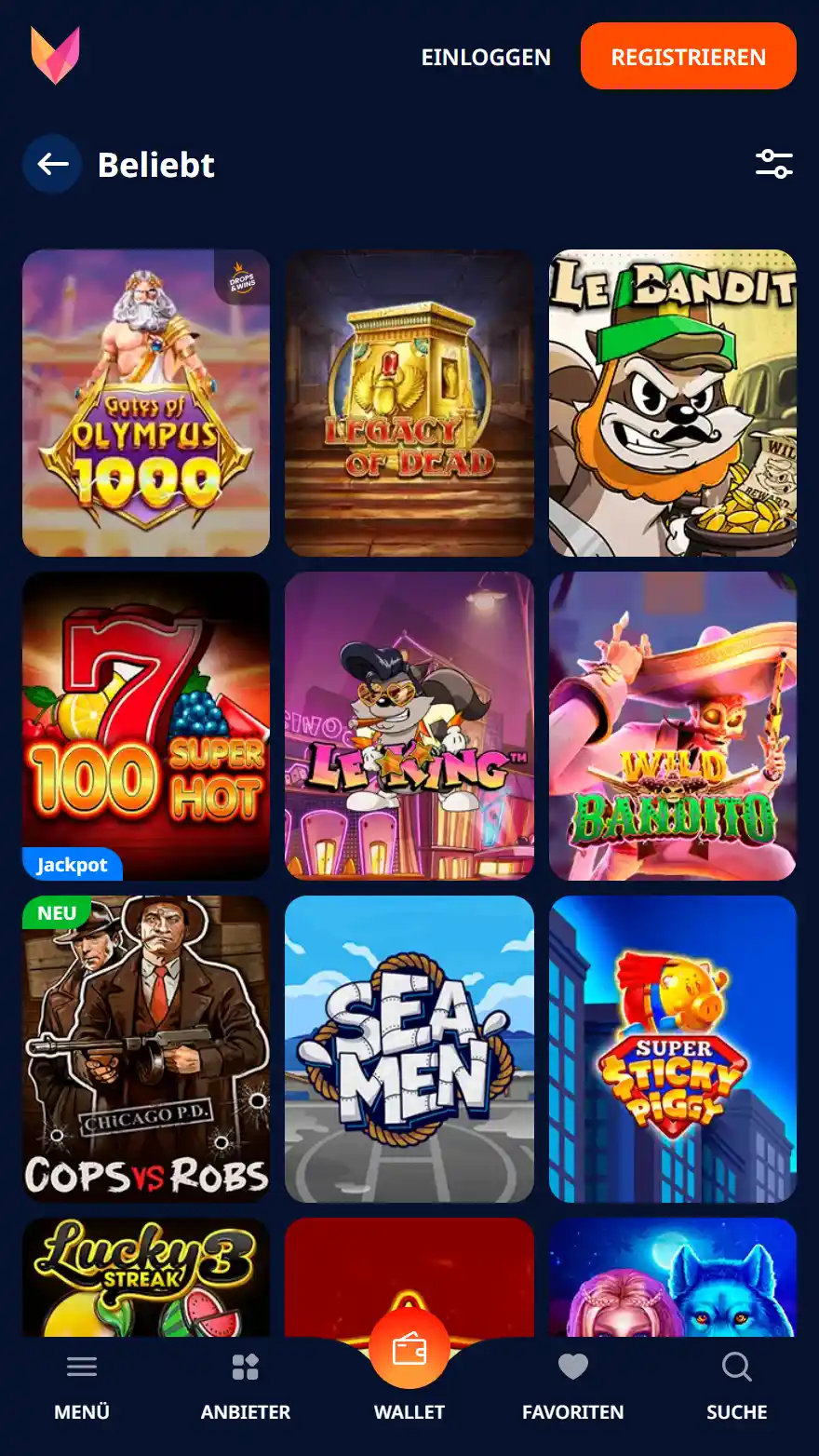 Monro Casino Spieleseite