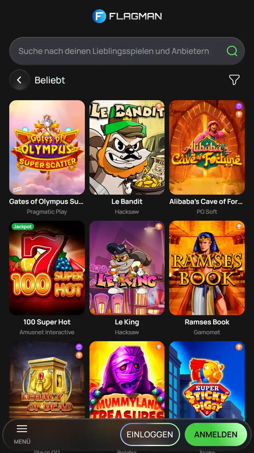 Flagman Casino Spieleseite
