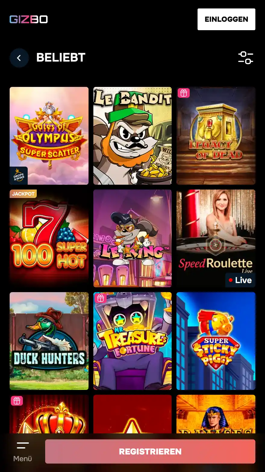 Gizbo Casino Spieleseite