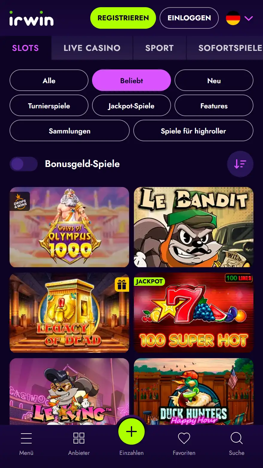 Irwin Casino Spieleseite